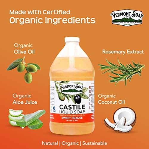 Vermont Pure Castile Soap Orange, Gentle Liquid Soap For Sensitive Skin & Natural Body Wash, Organic Hair Shampoo For Oily Hair, Aloe Castile Soap For Men & Women - 64 Oz #TOP3
