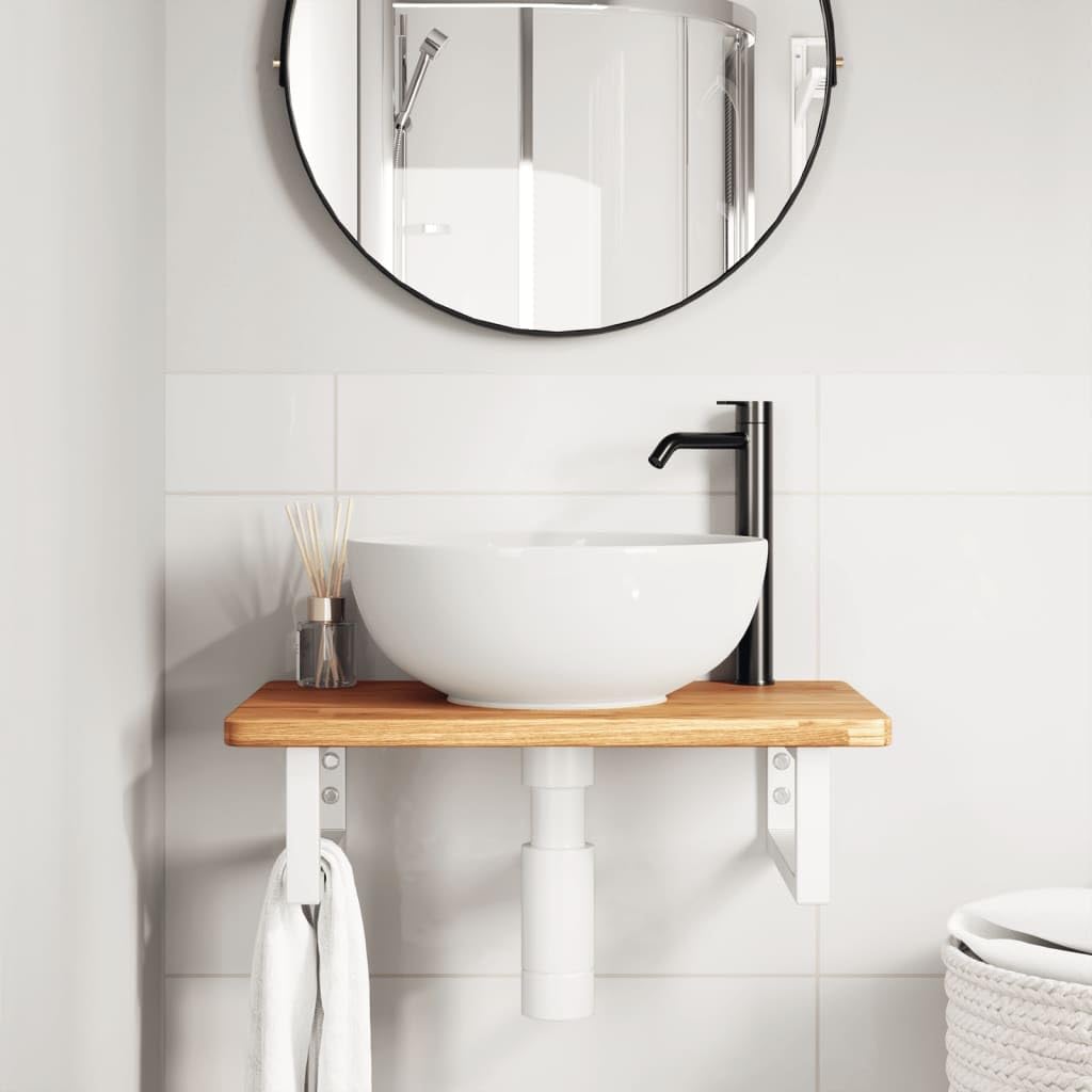 Tapa de lavabo con soporte, madera maciza de roble y acero, estantería rectangular para lavabo de pared, 60 x 40 x 2,5 cm, para baño, ahorro de espacio, 100 kg
