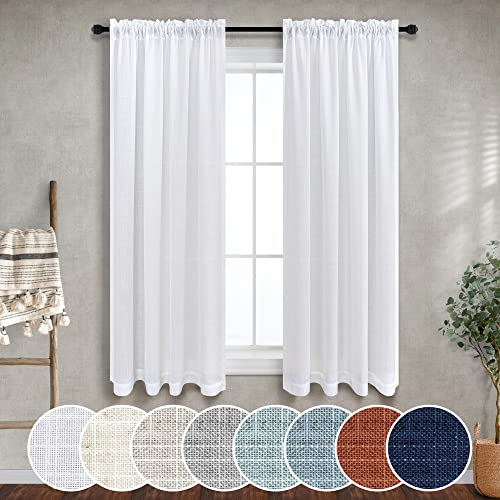 Cortinas de color blanco puro de 38 pulgadas de ancho para ventanas de cocina, juegos de 2 paneles, bolsillo para barra, cortinas de lino texturizadas, para café, filtrado de luz,...