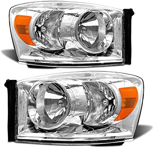 ADCARLIGHTS 2006 2007 2008 2009 Dodge Ram Headlight Assembly for 2006-2008 Dodge Ram 1500/2006-2009 Dodge Ram 2500 3500 Clear Lens Chrome Housing Amber Reflector Headlamp Replacement Left Right Pair