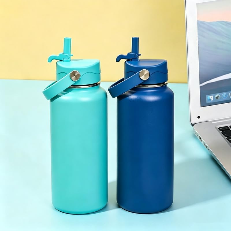 2Pack Pingzzking Insulated Stainless Steel Water Bottle, 32 oz, Double Wall, Leak-Proof Lid, BPA-Free, with Straw (2, Skyblue+Blue)