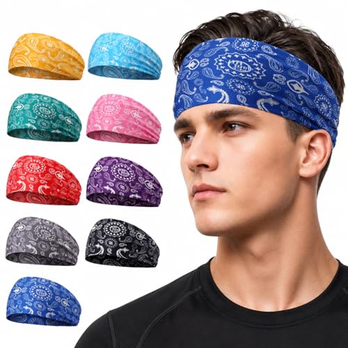 Image of 9 pcs Sweatbands for Men Workout Sport Headbands for Men Camo Headband Sweat Absorbing Headband Wide Sweatband for Head Basketball Football Cycling Running Yoga, 4.7 x 9.8 Inch
