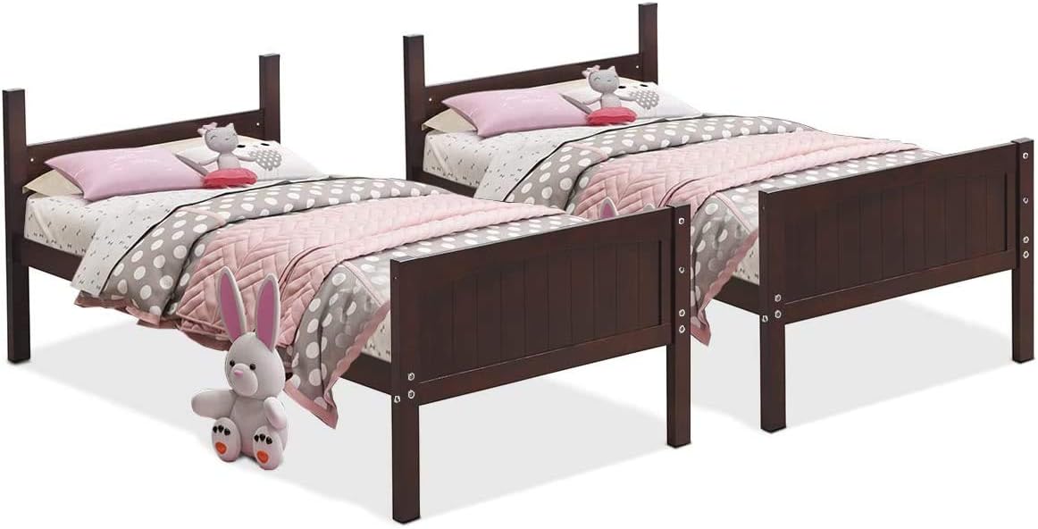 ReunionG Twin Bunk Beds with Ladder and Safety Rail, Rubber Wood Bunk Bed Convertible Into 2 Single Beds for Kid, Twin Over Sleeping Bed, Easy Assembly (Espresso)