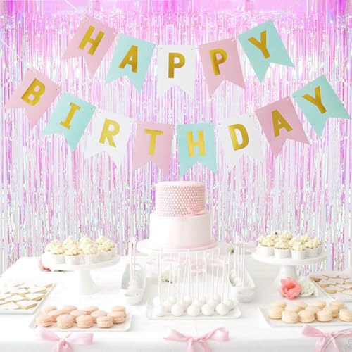 Image of Happy Birthday Banner Birthday Party Supplies Garland Decorations Pink White Light Green Birthday Signs Nursery Hanging Decor (Tricolor)
