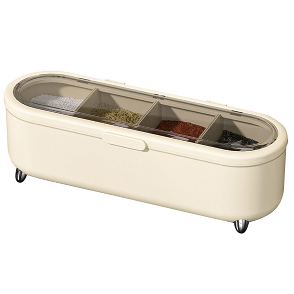 4 Grids Plastic Seasoning Box, Cruet with Cover and Spoon Transparent Condiment Container Spice Pots, Plastic Spice Jar with 4 Serving Spoons, Kitchen Seasoning Box for Chili Salt Sugar Black Pepper