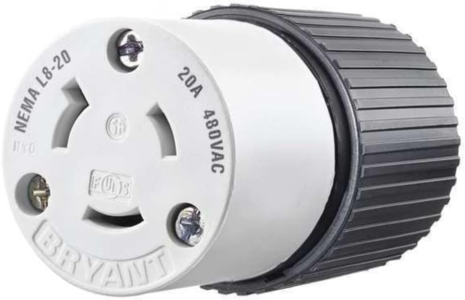 Bryant Electric 70820NC TECH SPEC Industrial Grade Nylon Connector, 2-Pole, 3-Wire, Nema L8-20R, 20 Amp, 480V AC, Black/White