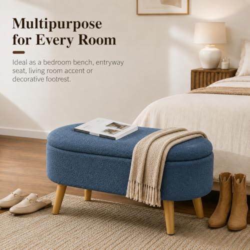 Image of Upholstered Ottoman Storage Bench, Premium Boucle Fabric, Heavy Duty 120 Kg Load Capacity, Multipurpose Seating for Living Room & Bedroom, Dusty Blue