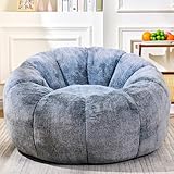 LinkRomat Bean Bag Chairs for Adults, Teens Youth Beanbag Reading Chair with Petal Arm Rest, Comfy Faux Fur Fluffy Bean Bag for Living Room, Bedroom, Dorm, Game - Grey, Large, Low Support