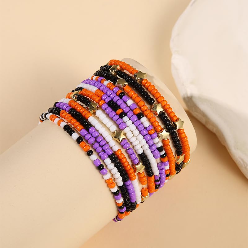 Pingyongchang Cute Halloween Beads Bracelets Set Orange Black Boho Stackable Adjustable Multi Layer Stretch Bangle Bracelet Costumes for Women Men as Halloween Party Vacation Friendship Gifts-12pcs3