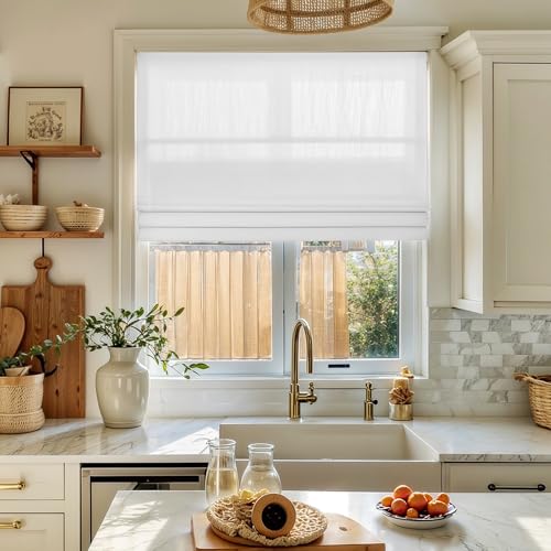 Image of TWOPAGES Isabella No Drill Cordless Roman Shade Linen Textured Cotton Roman Blind for Windows, Custom Made Room Darkening Blackout Roman Window Shade, Hardware Included, Paper White, 1 Piece