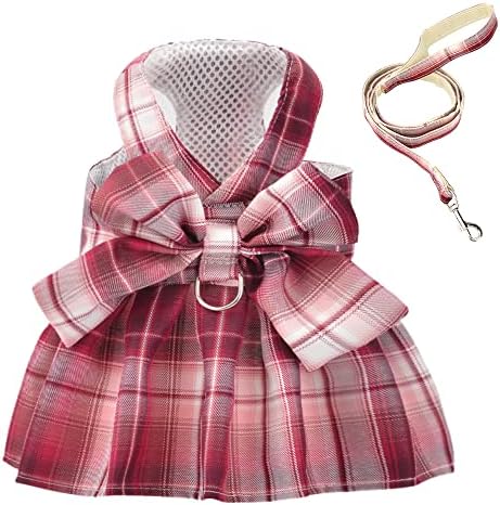 Dog Clothes for Small Dogs Girl Clearance Plaid Dog Harnesses Dress with Leash Summer Puppy Apparel Red Pet Skirt Outfit (Small, Red)