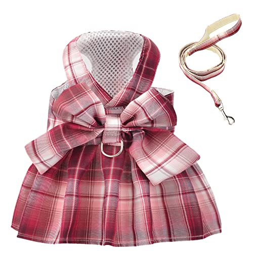 Dog Clothes For Small Dogs Girl Clearance Plaid Dog Harnesses Dress With Leash Summer Puppy Apparel Red Pet Skirt Outfit (Small, Red) #TOP15