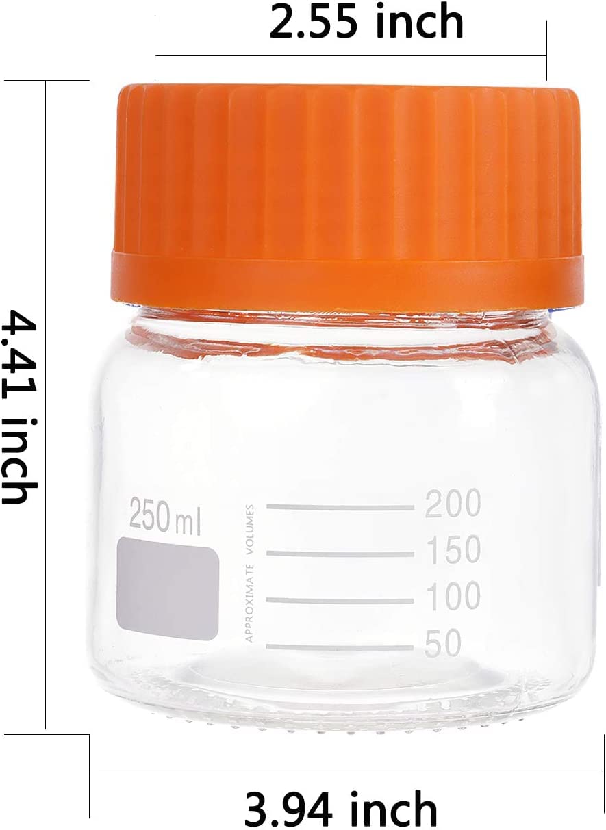 Lab Media Storage - Botellas de boca ancha graduadas GL80 con tapa de rosca a prueba de fugas, multiusos, para científicos, paquete de 6 (naranja, 250 ml)