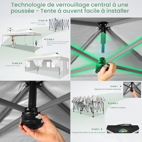 COBIZI Tonnelle Barnum Pliante 3x6 Pop up Tonnelle de Jardin Exterieur Imperméable Tente de Reception avec 6 Panneaux Latéraux Chapiteau avec Ventilation pour Camping Sac de Transport, Anti UV, Blanc – vue 2