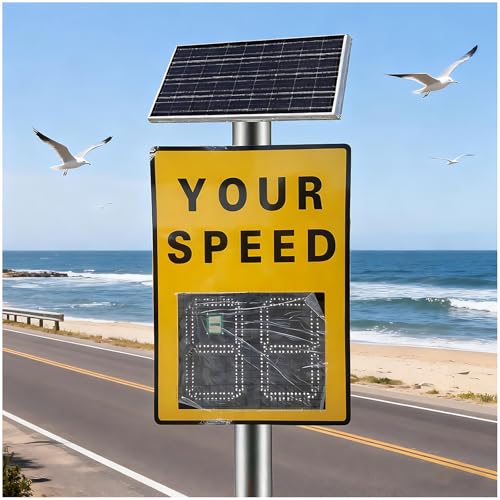 SHEUAO Radar De Velocidad con Indicador De Velocidad, Led Amarillos Intermitentes con Energía Solar, Detector De Velocidad De Aluminio Inoxidable De 60 X 89 Cm (23.6 X 35.4 Pulgadas)