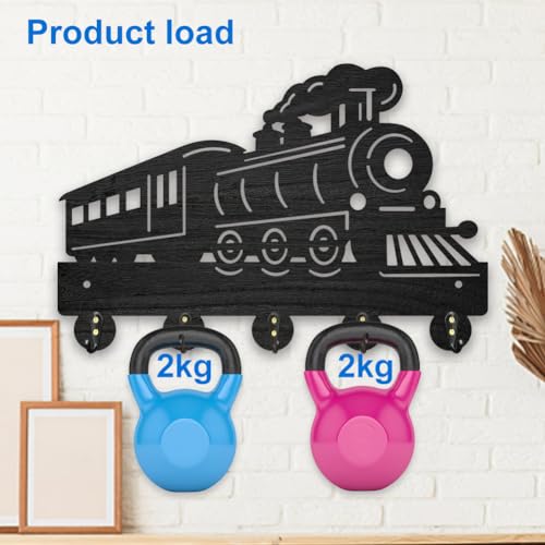 MAYJOYDIY Train Wall Mount Coat Rack Wood Steam Key Hanger 30×20cm Retro Tracks Key Holder 5 Alloy Hooks Black Wall Art Decor for Living Room Office Entryway Gift - Image 4