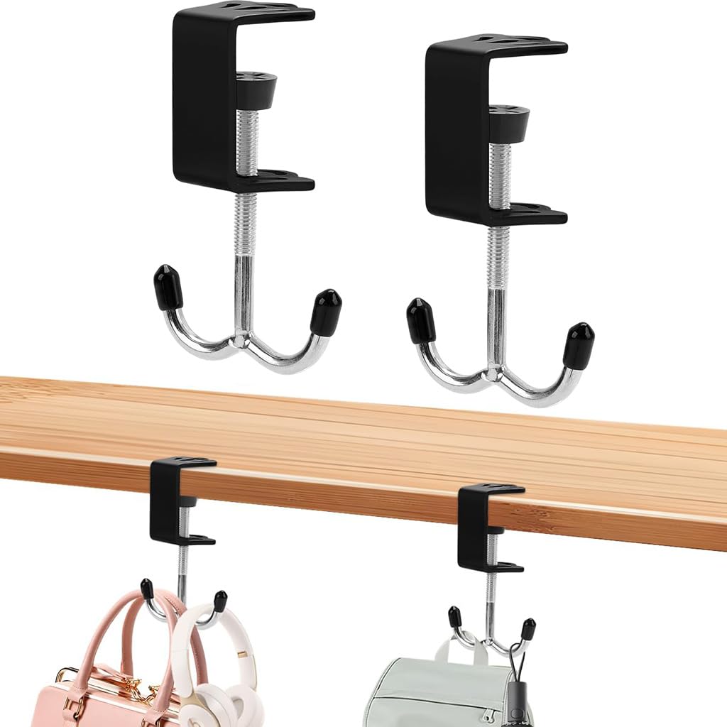 HASTHIP® 2Pcs Metal Desk Hook Bag Hooks, Adjustable No Dill Desk Organizer Hooks, Integrated Dual Hook Design, Multipurpose Utility Under Desk Hooks for Gaming Headset, Backpack, Bags-image-10