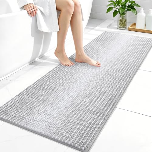Image of OLANLY Bathroom Runner Rugs 47x20, Chenille Striped Bath Rugs, Light Grey