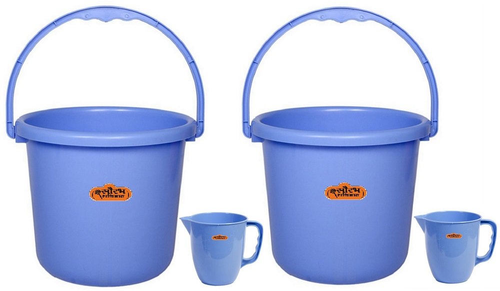 Plastic Unbreakable Bucket, Blue, Bucket - 18 Litres & Mug -1 Litres (2 buckets, 2 mugs)