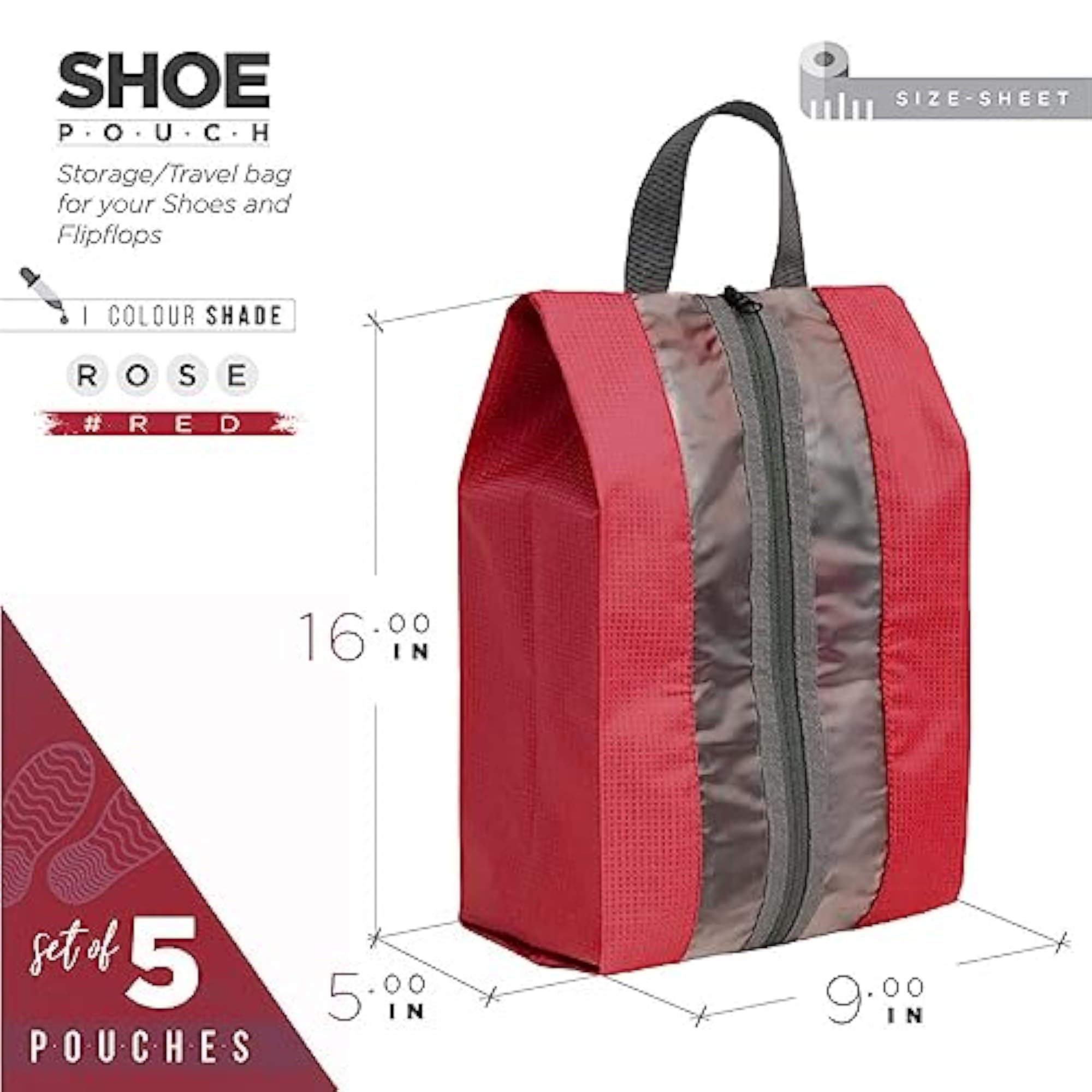 Set of 5 Shoe Pouch Travel Organizers in Red