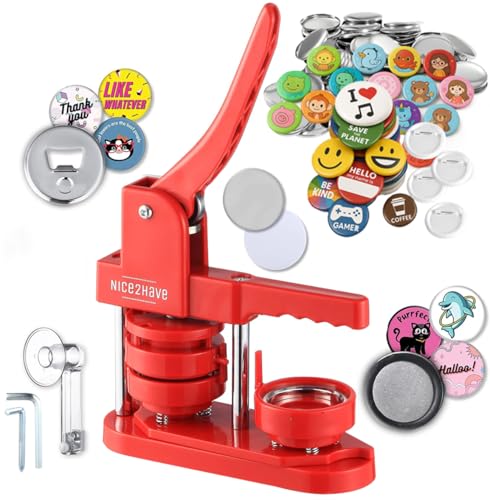Button Maker Machine – 2.25 Inch (58mm) – Single Mold, Pin Maker Machine Kit with 100 Buttons, 5 Fridge Magnets, 5 Bottle Openers, Cutters, and 500+ Button Designs for DIY Crafts, Red