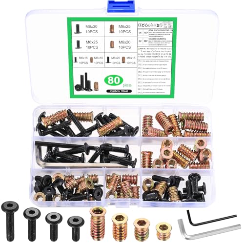 Insertos roscados M6 para madera con pernos, 80 tuercas de inserción roscadas con pernos, insertos de madera roscados, tuercas de tornillo para muebles, conectores de muebles, tornillos hexagonales de