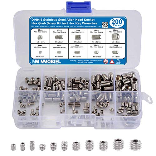 MMOBIEL 200pcs DIN916 Stainless Steel M3 M4 M5 M6 M8 Allen Head Socket Hex Grub Screw Kit Assortment incl Hex Key Wrenches