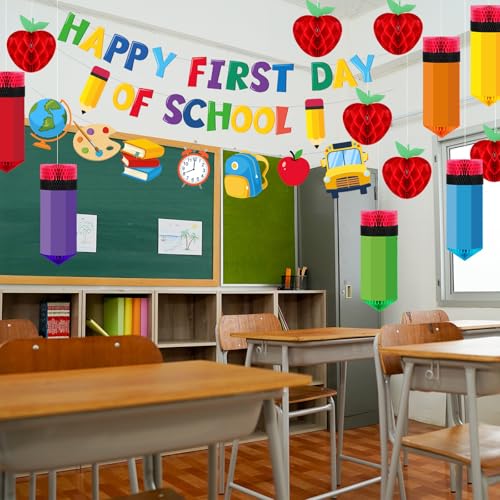 Image of Pajean 48 Pcs Happy First Day of School Classroom Decorations with Pencil and Red Apple Shaped Hanging Honeycomb Centerpieces Banner Decor for Classroom Back to School Ceiling Party Supplies