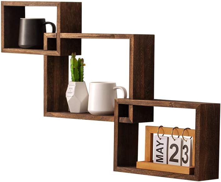 Coral Flower Rustic Wall Mounted Tier Square Shaped Floating Shelves – Set of 3 – Screws and Anchors Included - Farmhouse Wooden Shelves for Bedroom, Living Room and More., rustic brown