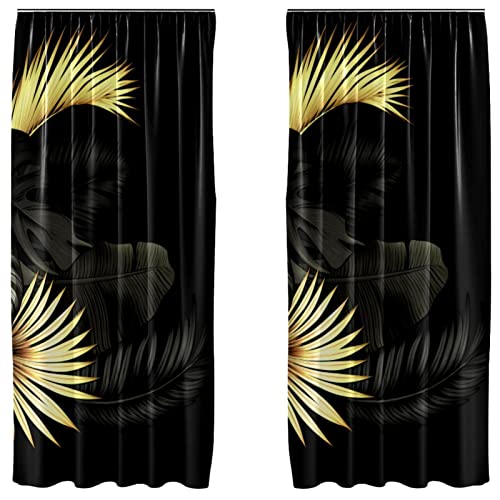 Cortinas de hojas negras y doradas de 55x84 pulgadas juego de 2 paneles ligeros con bolsillo 2