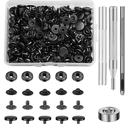 Benlay Lot de 50 boutons-pression en cuir de 10 mm avec 4 outils d'installation - Boutons pression en cuir pour coudre des vêtements, des sacs et des travaux de bricolage (noir)