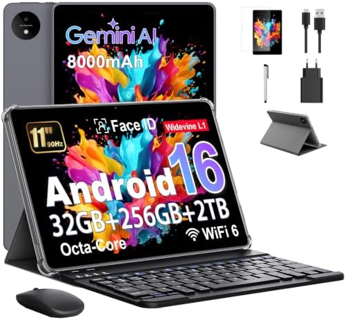 MENTUME Tablet 11 Zoll mit Gemini AI, Android 16 Tablet mit Hülle, Maus & Tastatur, Octa-Core, 32 GB RAM + 256 GB ROM + 2 TB TF, 1920x1200 HD Display, 90 Hz, 8MP + 16MP Duale Kamer