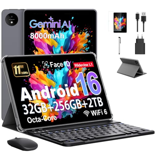Tableta 11 Pulgadas en Gemini AI, Tableta Android 16 en Funda, Teclado & Ratón, Octa-Core, 32 GB RAM + 256 GB ROM + 2 TB TF, 1920x1200 Pantalla HD, 90 Hz, Cámara Doble 8MP + 16MP, 8000 mAh (Gris)