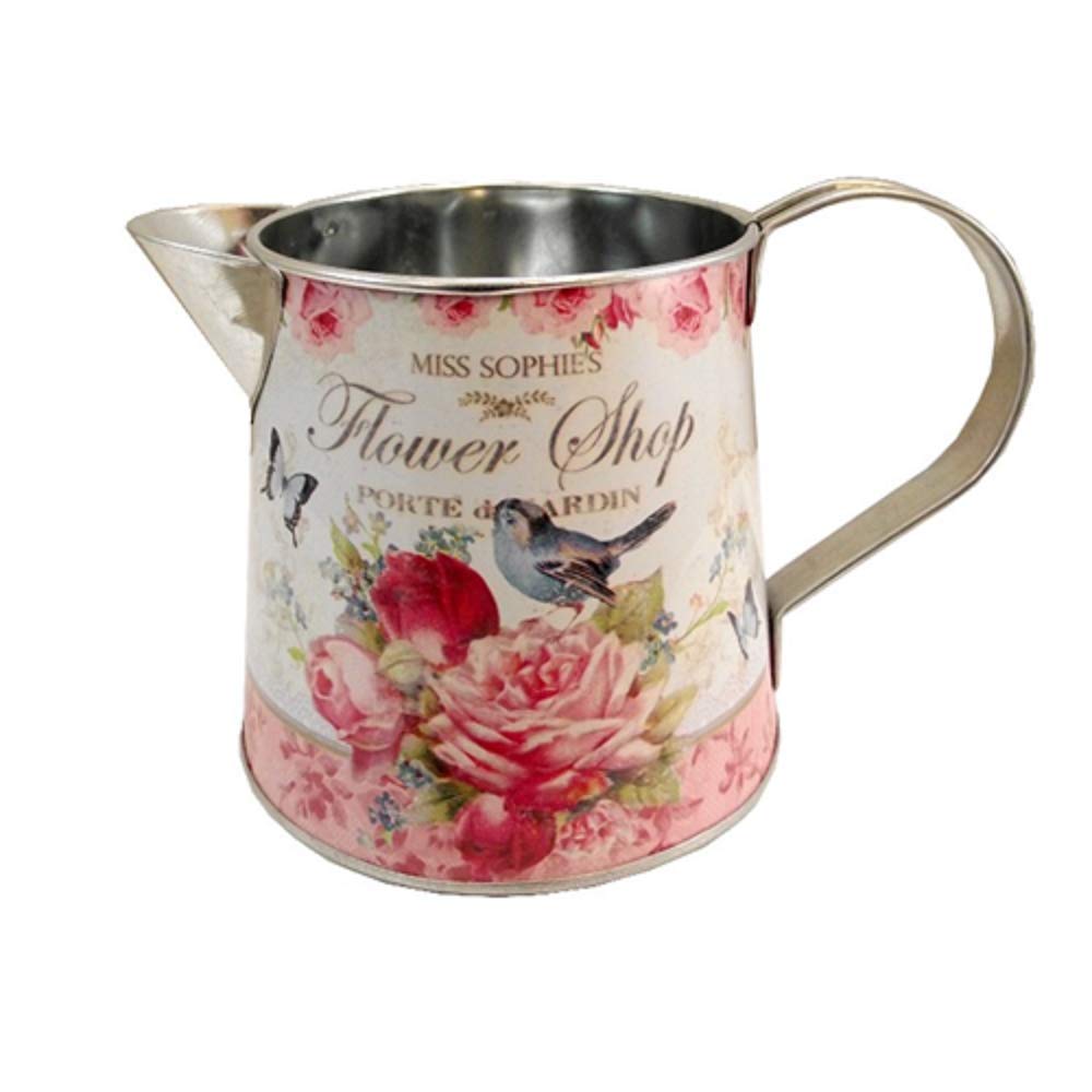 Small Jug Artificial Flower Vase Bluebird Pink Rose Butterfly Design "Flower Shop" French Style Metal Decal Style 12cm