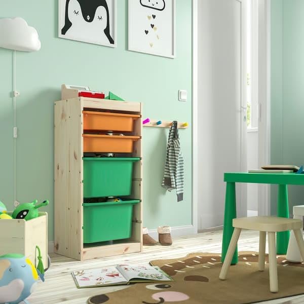 TROFAST Storage Combination with 4 Boxes, Light White-Stained Pine Frame, 44x30x91 cm – ikea Multi-Bin Organizer for Office & Home (Light white stained pine/light orange bright green)