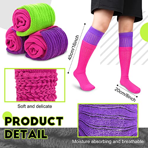 Jenpen 2 Pairs 80S Neon Women's Extra Long Heavy Slouch Socks Extra Tall Heavy Socks Thick Scrunchie Socks Size 9 To 10 (Rose Red, Fluorescent Green, Purple), Medium-Large #TOP2