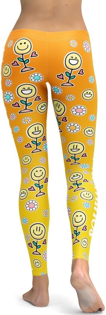 FIERCEPULSE Happy Signature Leggings for Women - Soft Mid Waisted, Stretchy Pants Printed Leggings for Workout & Exercise