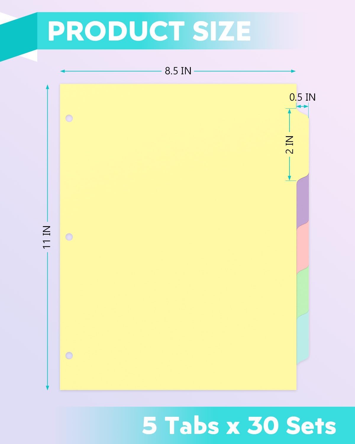 Dynta 3 Ring Binder Dividers with 5 Tabs Bulk 150 Pcs/30 Sets 8.5 x 11 Inches, Letter Size, 5 Colors Durable Paper 3 Hole Punch Index Divider for Kids, Women, Students