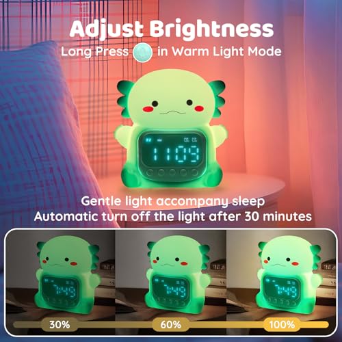 Image of Axolotl Alarm Clock with Night Light for Kids, Rechargeable Silicone Lamp Time to Wake Clock Cute Animal Tabletop Lamp, Perfect Sleep Companion for Boys Girls, Green
