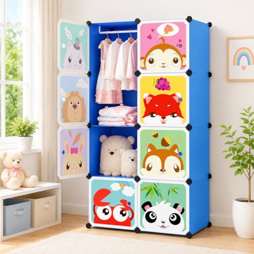 Image of 8 Door Kids Cartoon Wardrobe Storage Cabinet - DIY Modular Clothes Organizer with Hanging Cartoon Design Wardrobe with Multi for Bedroom, Living Room,Entryway