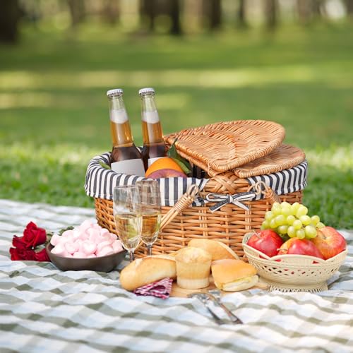 Happypicnic Wicker Picnic Basket with Handle, 15\" Large Empty Picnic Basket with Lid & Removable Liner, Vintage Hand Woven Basket for Picnics, Camping, Veg Picking, Mother\'S Day, Thanksgiving (Stripe) - Thumbnail 2
