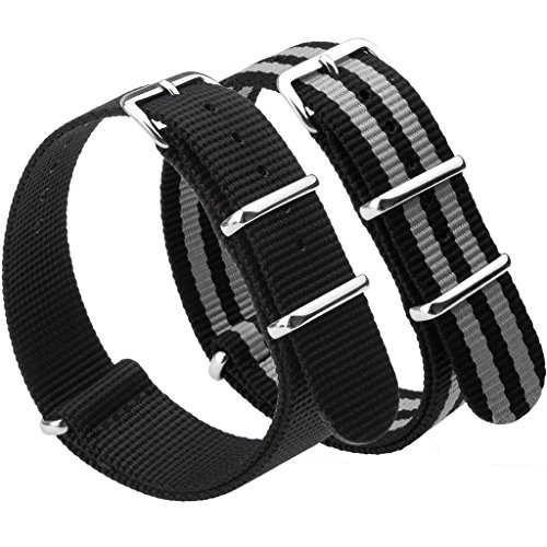 NATO Strap 2 Packs Canvas Fabric Nylon Watch Straps with Stainless Steel Buckle,Adebena Ballistic Replacement NATO Watch Bands Width 20mm Black and Black/Grey