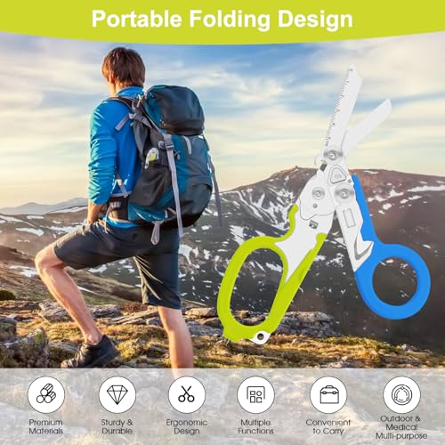 Image of Lemasa6 in 1 Multifunctional Combination Tool, Folding Retractable Emergency Shears, Outdoor Camping Tools, Seat Belt Cutter, Oxygen Cylinder Wrench, Complimentary Adjustable Wrench (blue-green)