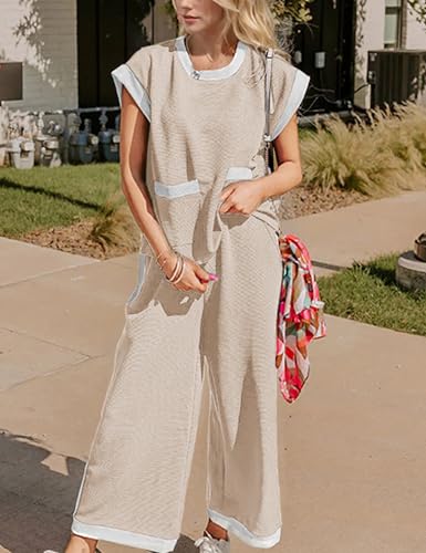 Faleave Women's 2 Piece Summer Lounge Set Outfit Short Sleeve Pullover Tops Wide Leg Long Pants Tracksuit3