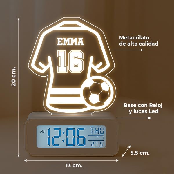 Transparent Gift Reloj Despertador Personalizado con Nombre Camiseta Fútbol con Luz LED. Lámpara con Luz Nocturna Mesita Noche. Regalos Originales para Cumpleaños. Despertadores Personalizados Deporte