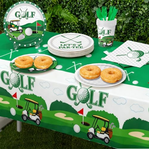 Image of QIYANPAX 4 Pack Golf Party Tablecloths - Green Gingham Tablecloth and Golf-Themed Plastic Table Covers Disposable Tablecloths for Birthday Outdoor Party Decorations, 54 x 108 Inch