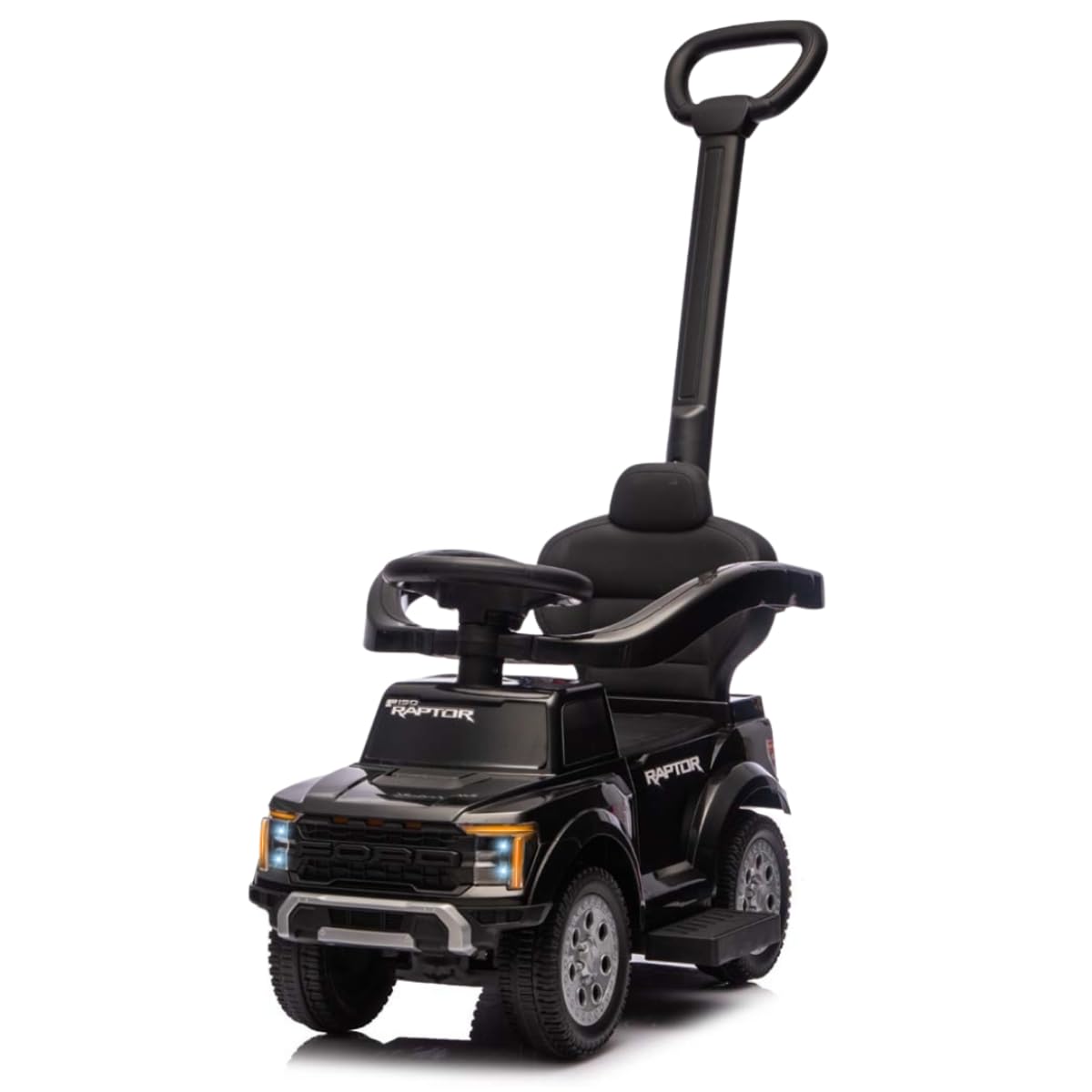 Milly Mally Ford F-150 Raptor 3-in-1 Rutschauto mit Schiebestange | Kinderfahrzeug für 12-36 Monate bis 25kg | Rutscher, Schiebewagen, Sound-Lenkrad, Fußstützen, Kippschutz | Lizenziert (Black)