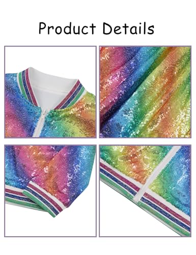 Girls' Sequin Bomber Jacket Sparkle Holographic Long Sleeve Gradient Ombre Jackets for Kid with Ribbed Cuffs 5-12Y4