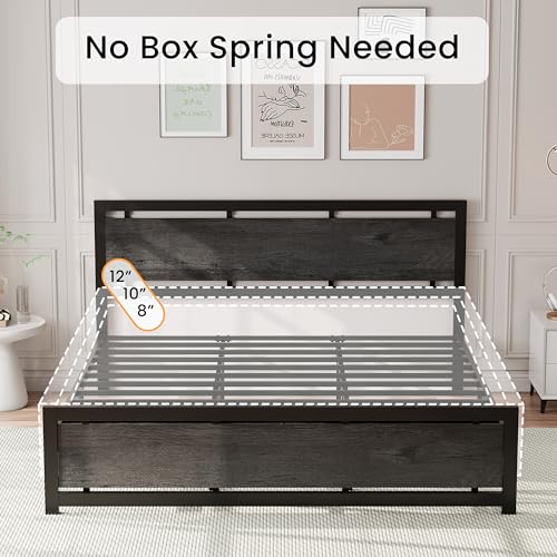 Image of LIKIMIO King Bed Frame with Headboard and Footboard, Metal Strong Supports, Easy Assembly, Noise-Free, No Box Spring Needed, Charcoal Grey