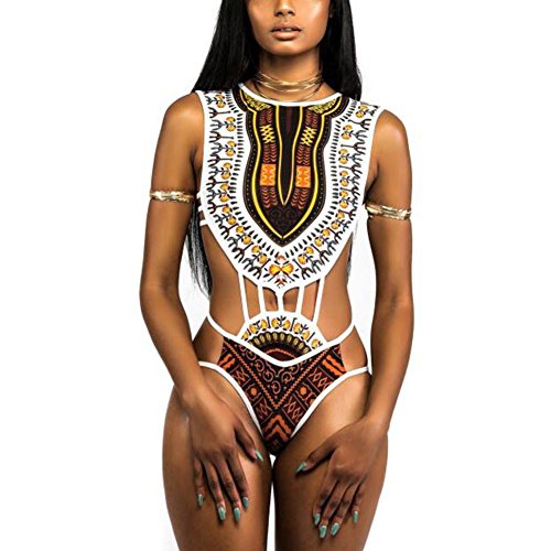 NJunicorn Uncle Fashion Women African High Cut Swimsuit One Piece Lace Up Backless Printed Bathing Suit Plus(White 6/8)